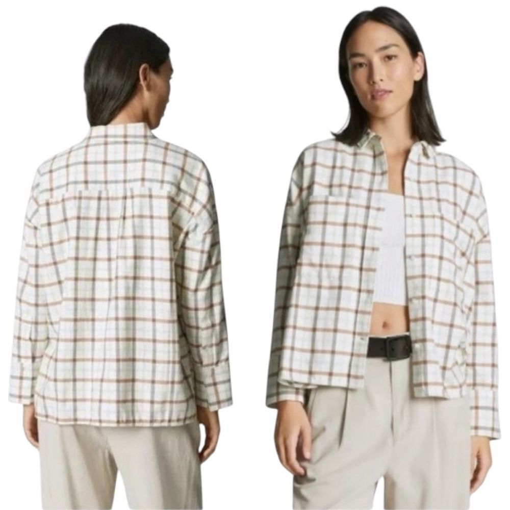 NWT Everlane Boxy Flannel Button Down Shacket Shirt Plaid Cream White Brown S